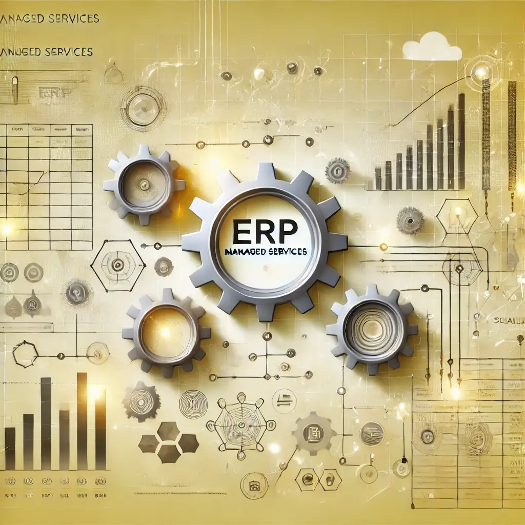 DALL·E 2025-01-01 12.27.30 - A professional and modern image representing ERP Managed Services with a light yellow background. The design includes interconnected gears, workflow d